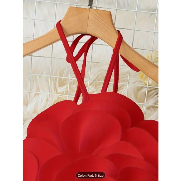 Red Oversized 3D Flower Halter Crop Top –  Backless Party & Festival Blouse - Picture 5 of 5